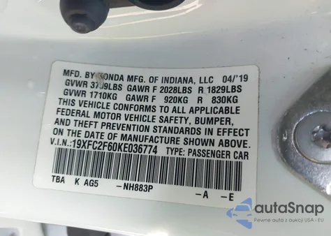 2019 Honda Civic Lx из США, поврежденный, VIN 19XFC2F60KE036774